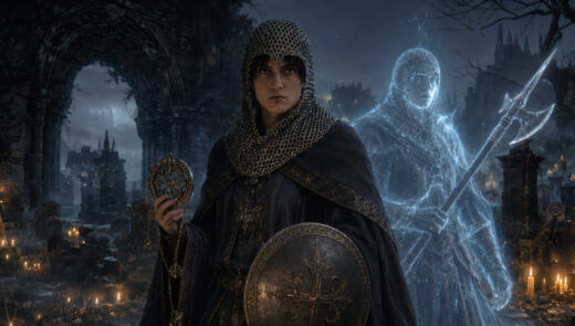 Alisan, the Ghost Whisperer, with Mimic in Gothic ruins