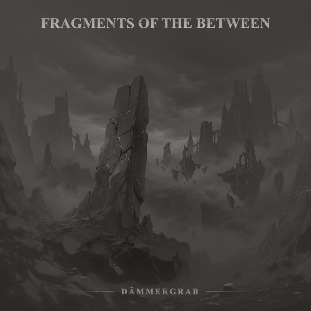 Album cover for Fragments of the Between by Dämmergrab, showing a dark monochrome fantasy landscape with shattered rocks, mist, floating ruins, and distant gothic architecture.